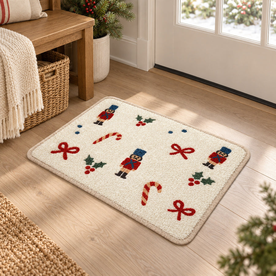 Feblilac Christmas Candy Cane tufted bath mat in a sunny bathroom with a potted plant