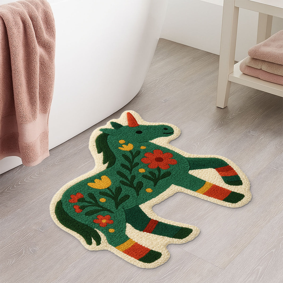 Feblilac Unicorn Pony tufted bath mat by the sink with slippers and a towel basket