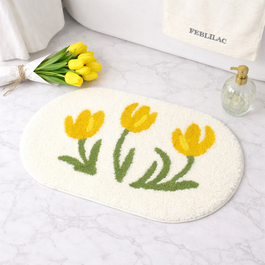 Feblilac Tulip Bath Mat, Yellow Flower Bathroom Rug - view 4