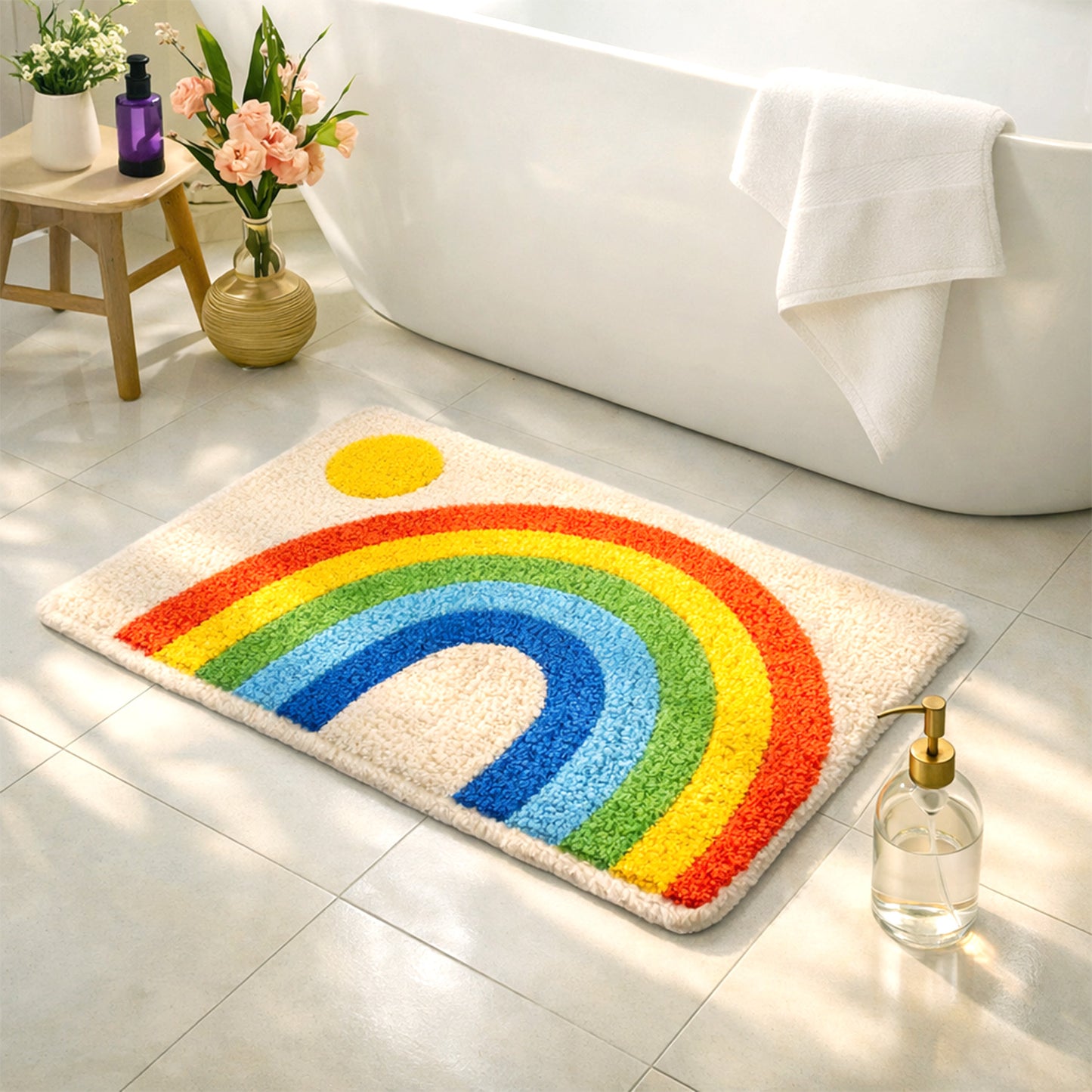 Feblilac Retro Rainbow Arch Bath Mat – Colorful Non-Slip Bathroom Rug with Sun Design