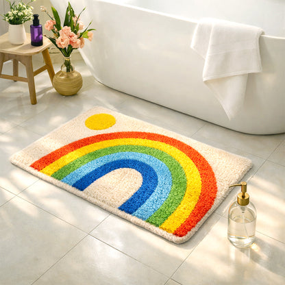 Feblilac Retro Rainbow Arch Bath Mat – Colorful Non-Slip Bathroom Rug with Sun Design