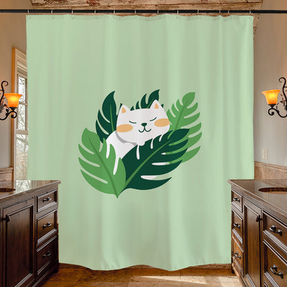 Feblilac Monstera Cat Shower Curtain with Hooks