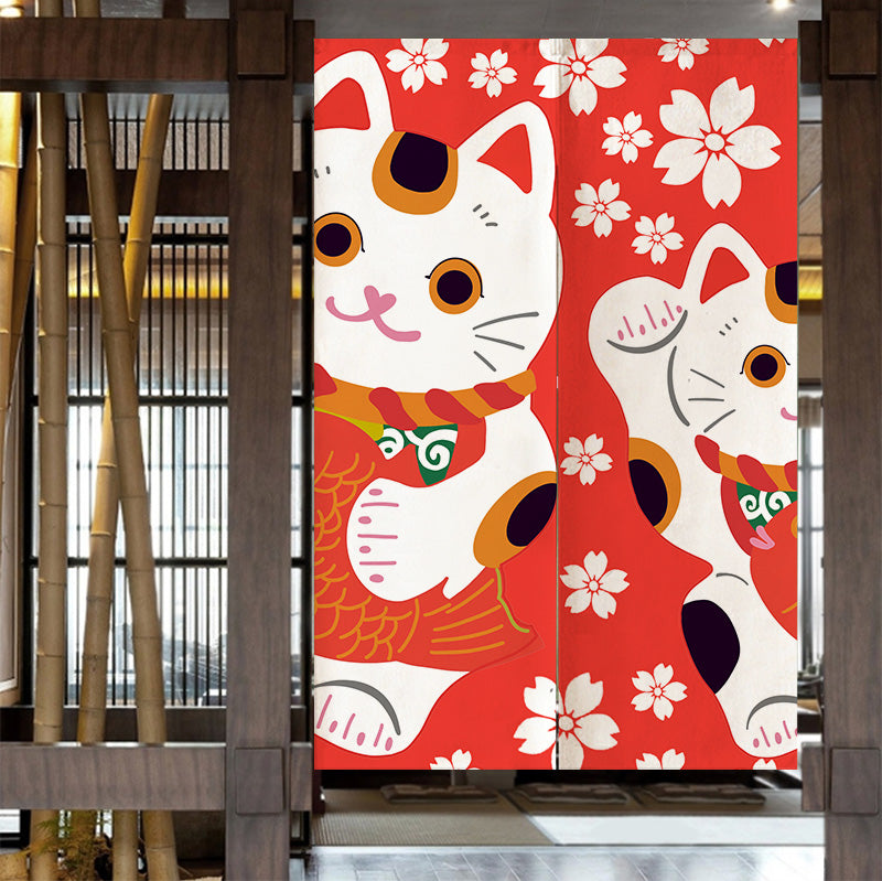 Feblilac Red Background White Sakura Lucky Cat Door Curtain