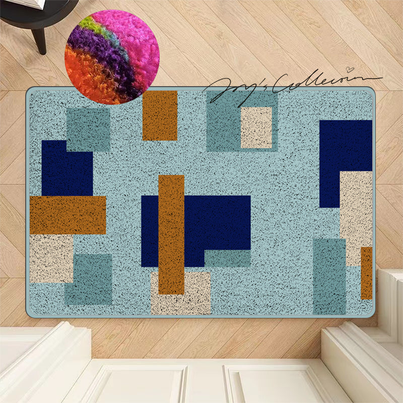 Feblilac Blue and Brown Squares Geometric Nylon Door Mat