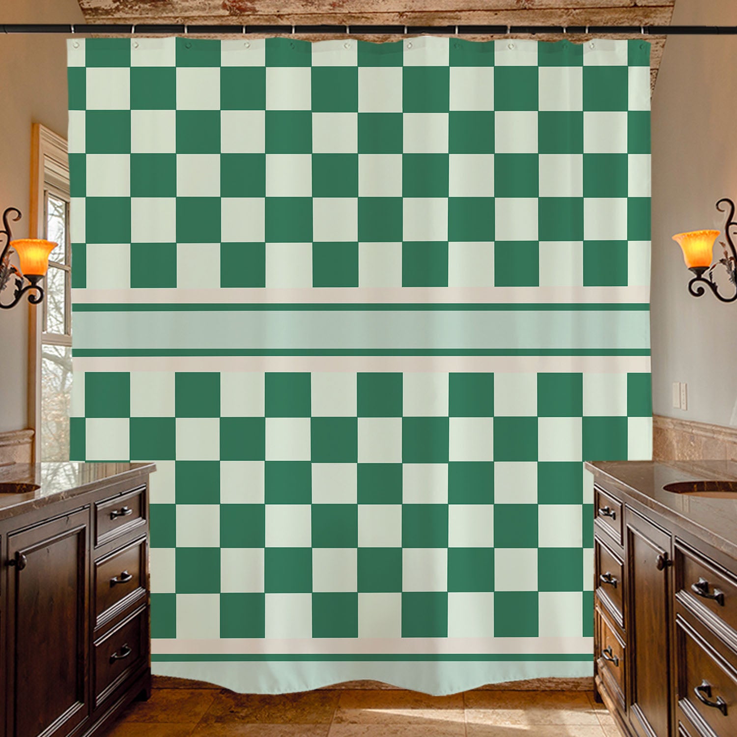 Feblilac Green Checkerboard Pattern Shower Curtain with Hooks