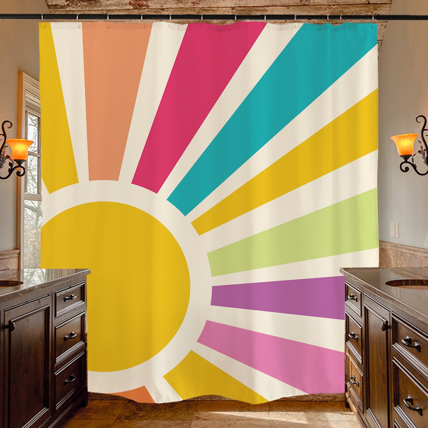 Feblilac Rainbow Sun Rays Shower Curtain with Hooks