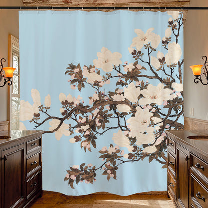 Feblilac Blue Background White Flowers Tree Shower Curtain with Hooks