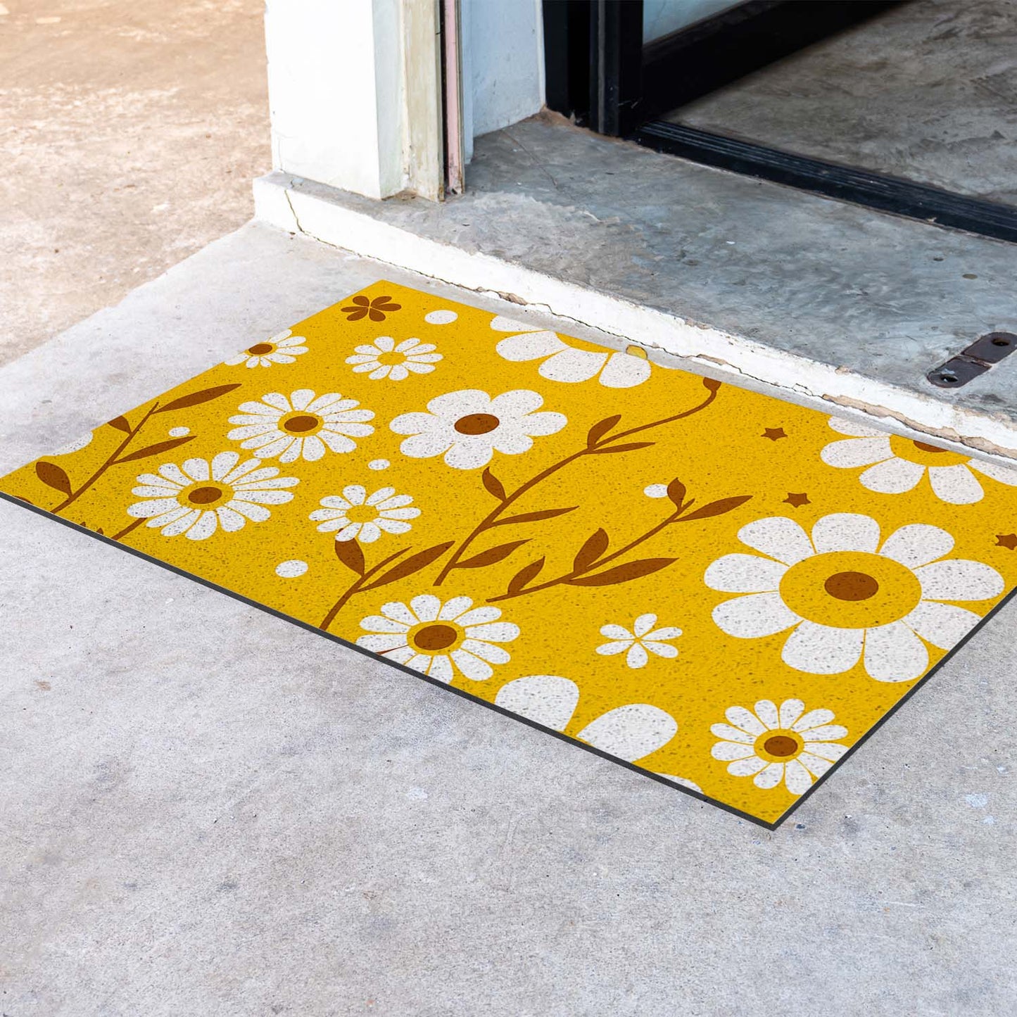 Feblilac Yellow Background White Flower Daisy PVC Coil Door Mat