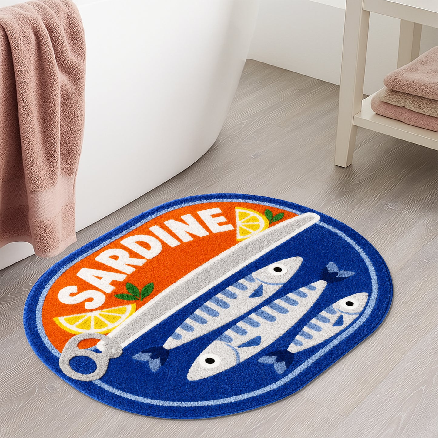 Feblilac Sardine Tin Tufted Bath Mat, Funny Fish Rug