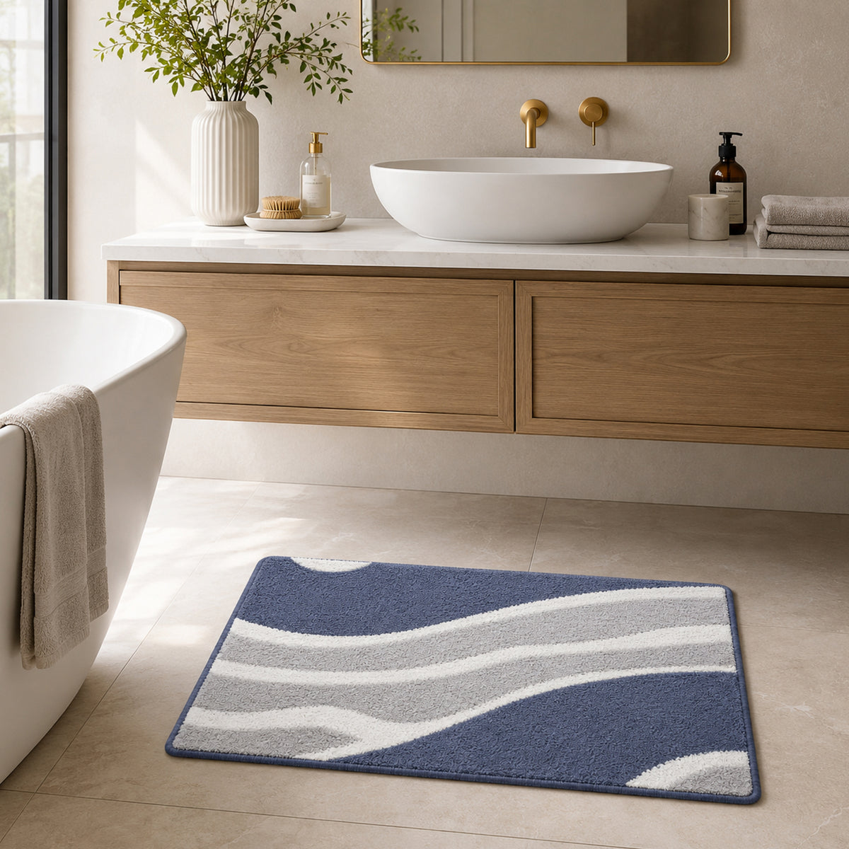 Feblilac White Grey and Blue Minimal Pattern tufted bath mat in a sunny bathroom with a potted plant