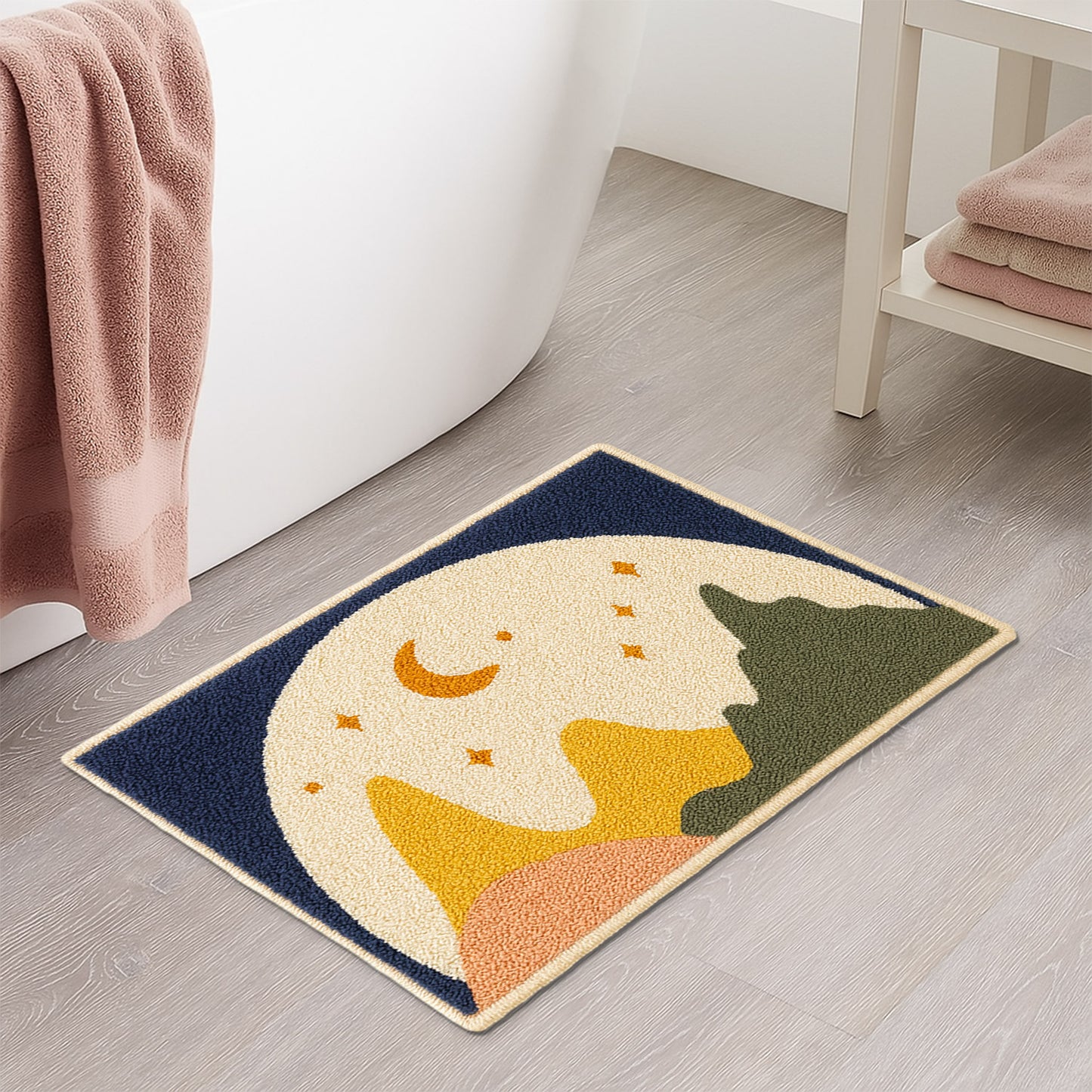 Feblilac Moon & Mountain Tufted Bath Mat – Soft Non-Slip Absorbent Bathroom Rug