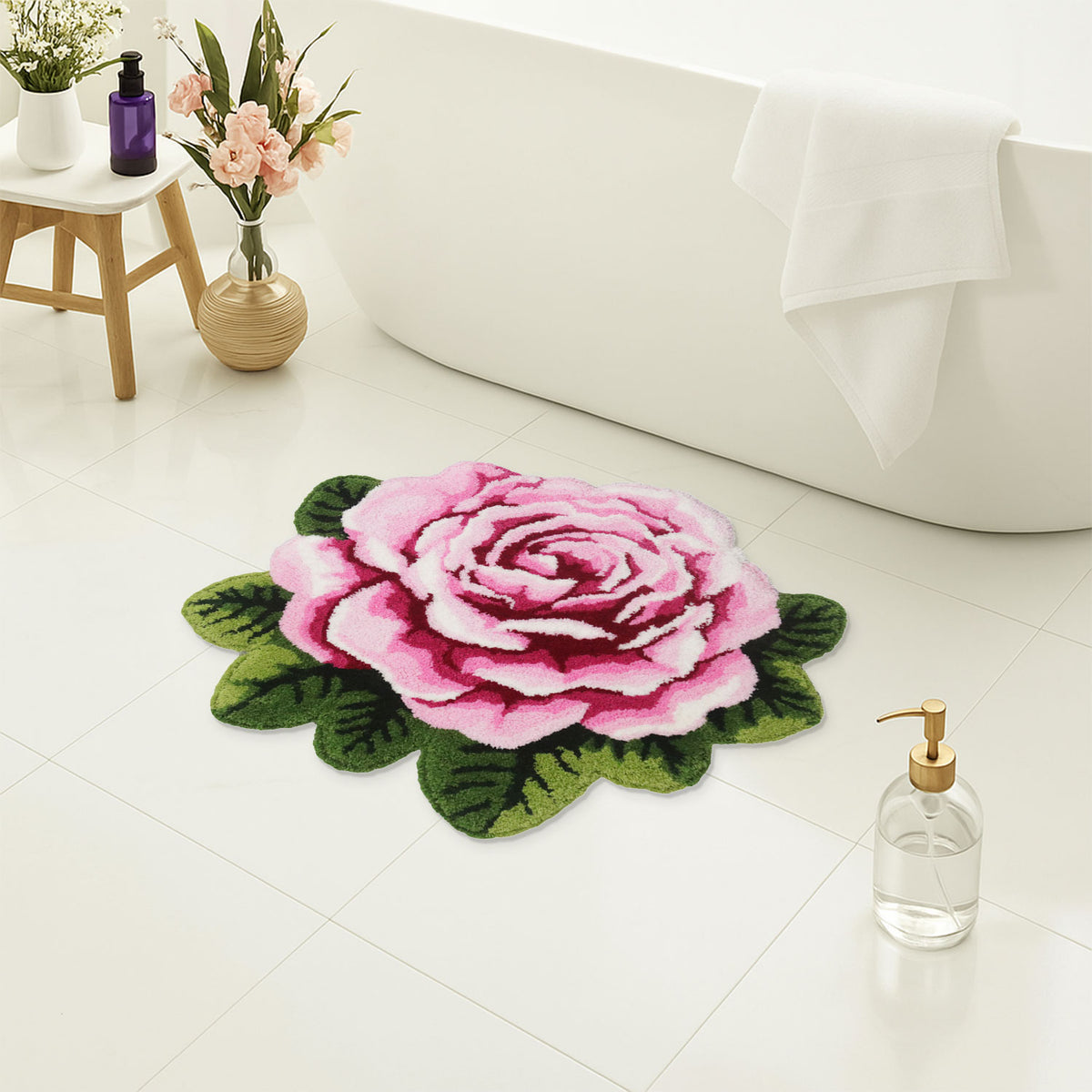 Feblilac Single Flower tufted bath mat in a sunny bathroom with a potted plant