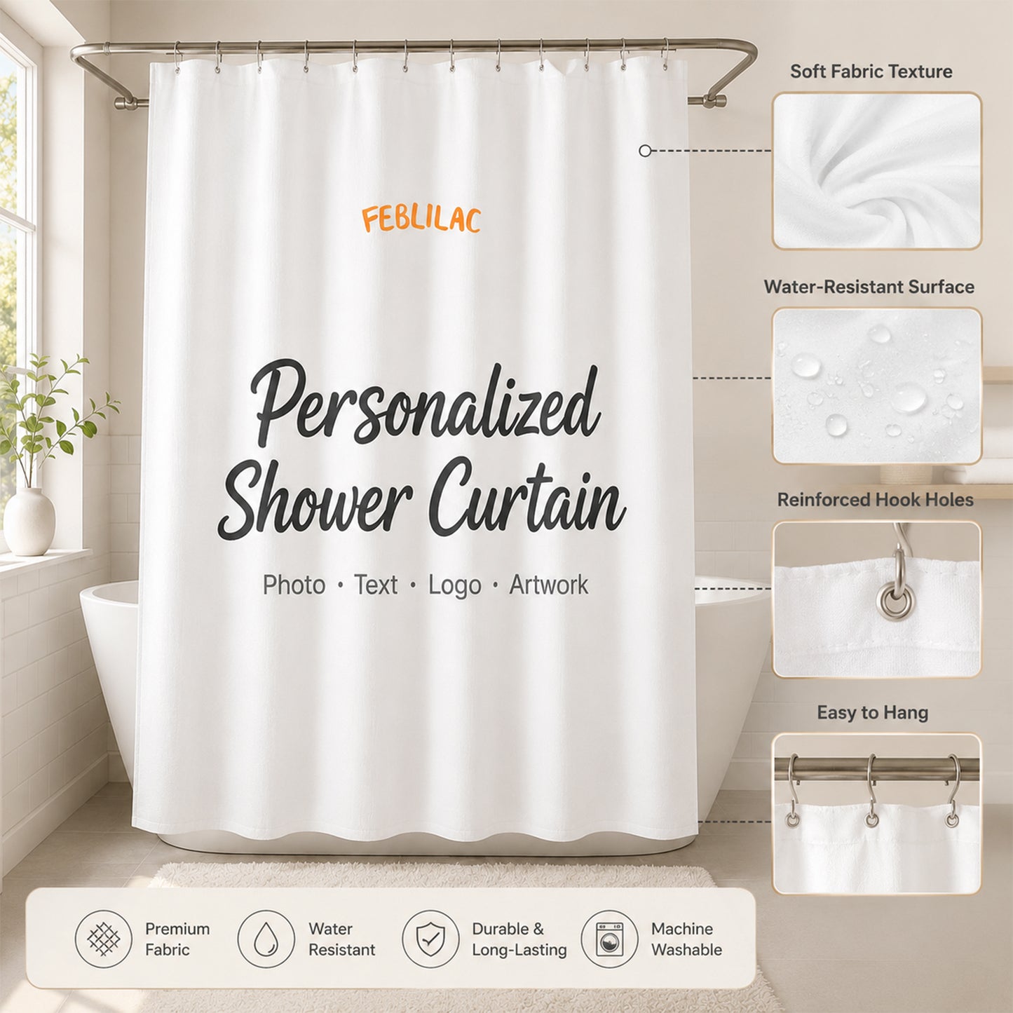 Feblilac Custom Shower Curtain with Your Photo, Text, Logo or Artwork
