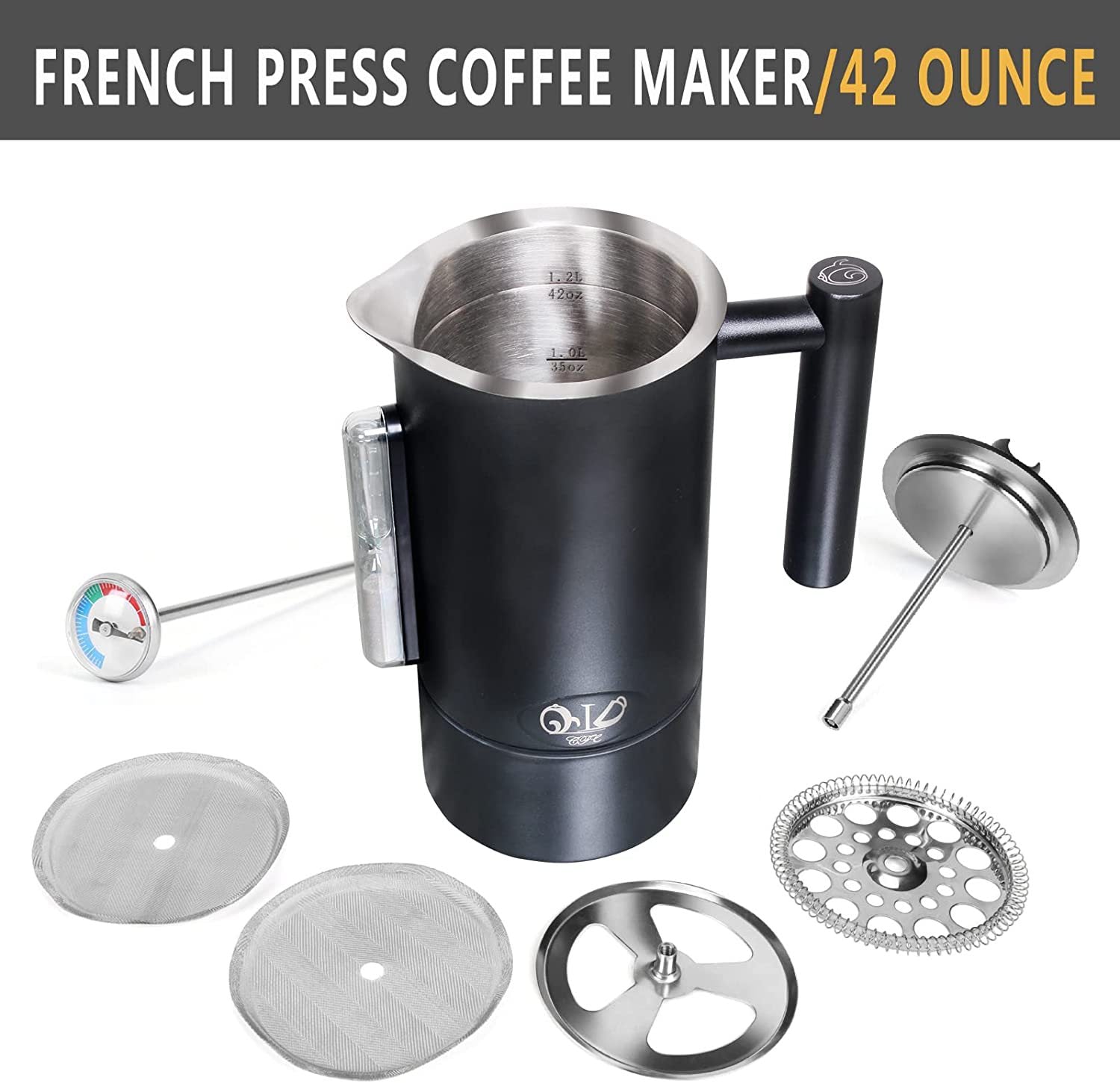 Feblilac Double Layer French Press Stainless Steel Coffee Maker with Hourglass and Thermometer