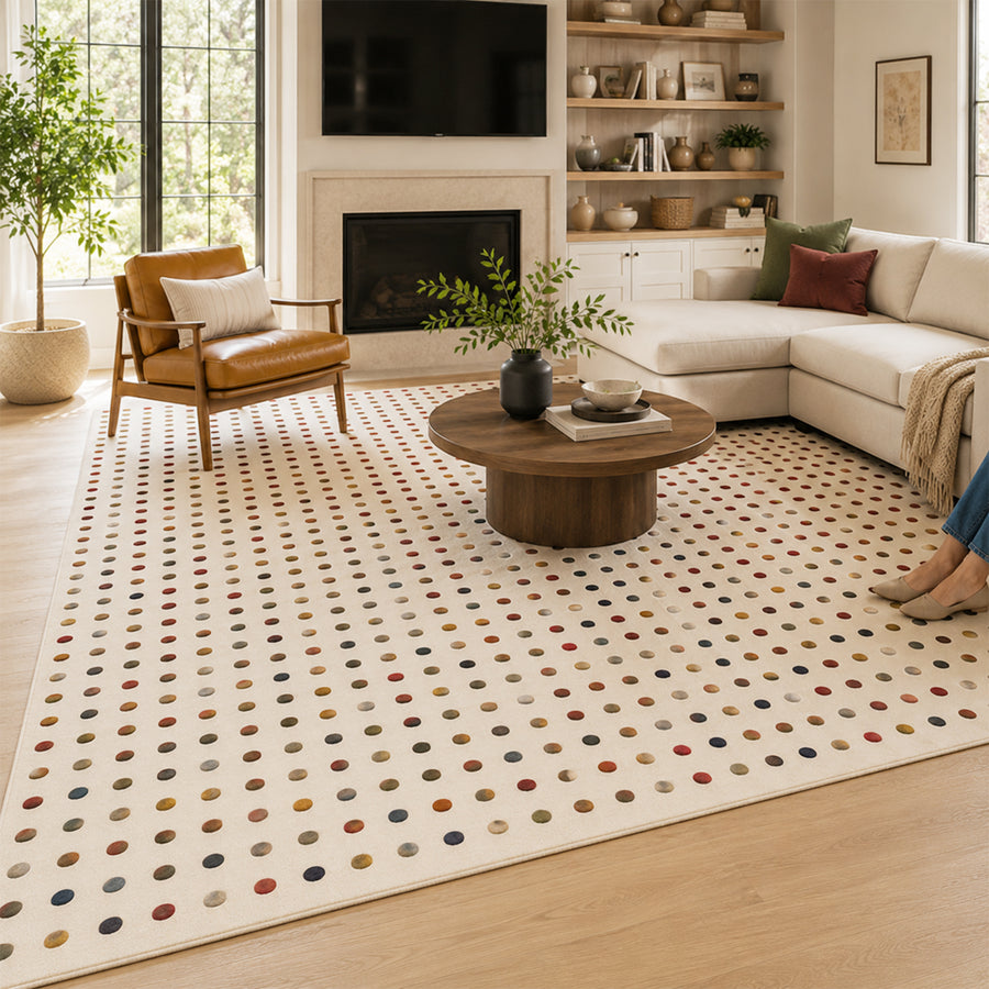 Feblilac Colorful Dot Wool Area Rug, Cream Plush Polka Dot Rug for Modern Home Decor - view 4