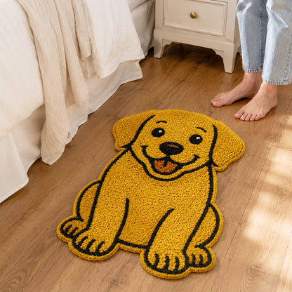 Feblilac Labrador Dog tufted bath mat in a sunny bathroom with a potted plant