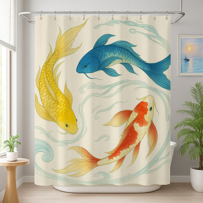 Feblilac Gongbi Goldfish shower curtain in a sunny bathroom with a potted plant