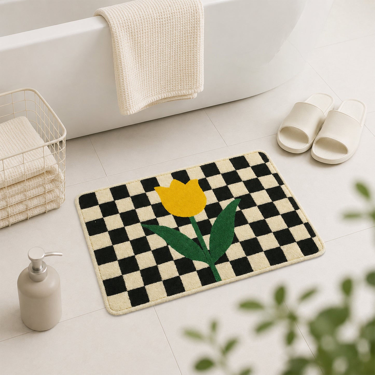 Feblilac Checkered Tulip Tufted Bath Mat | Soft Floral Bathroom Rug