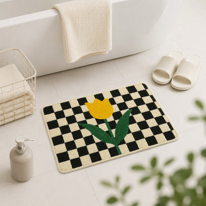 Feblilac Checkered Tulip Tufted Bath Mat | Soft Floral Bathroom Rug
