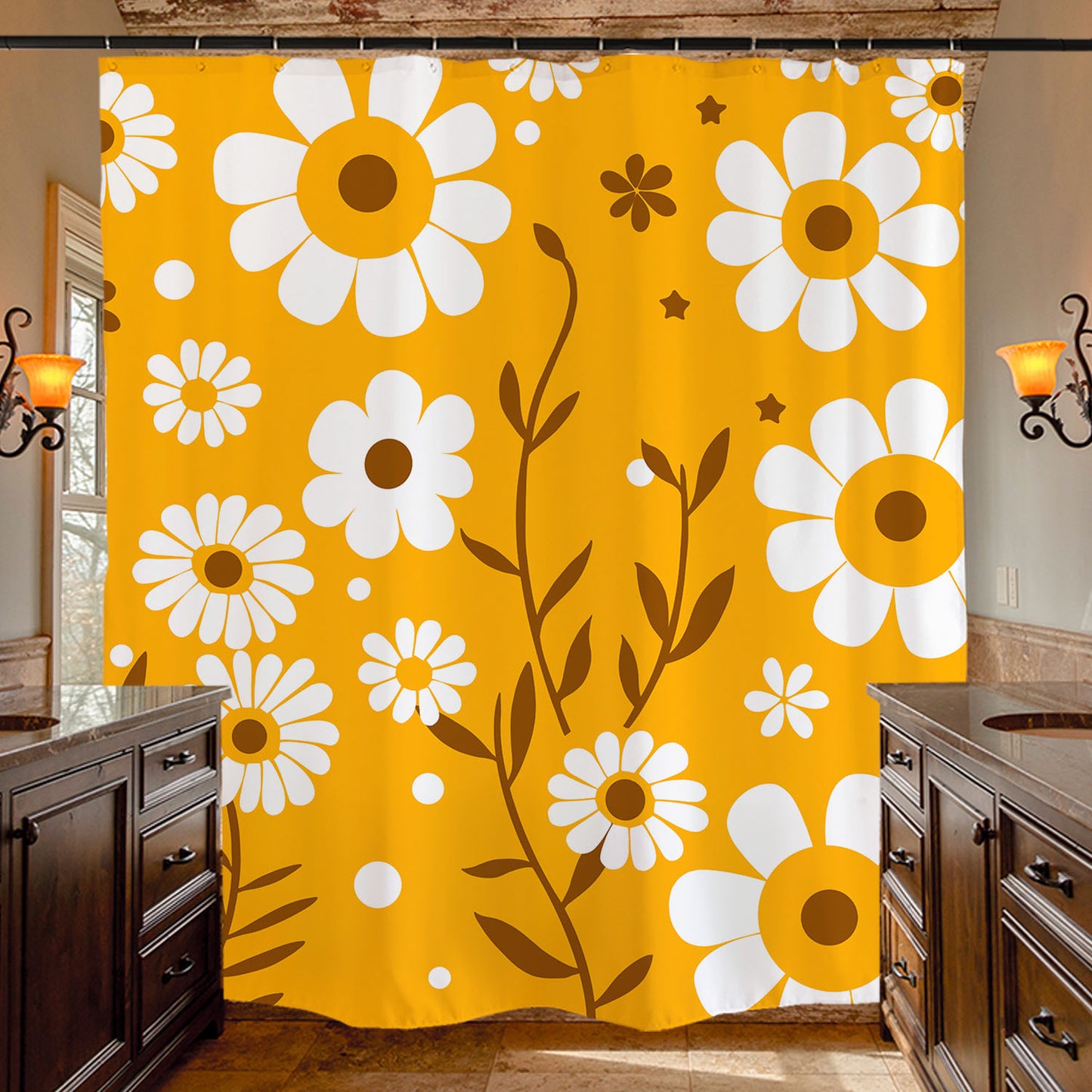 Feblilac Yellow Background White Flower Daisy Shower Curtain with Hooks