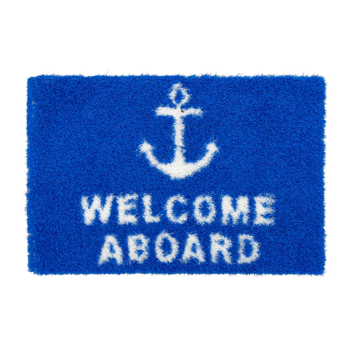 Feblilac Welcome Aboard PVC coil door mat in a sunny bathroom with a potted plant