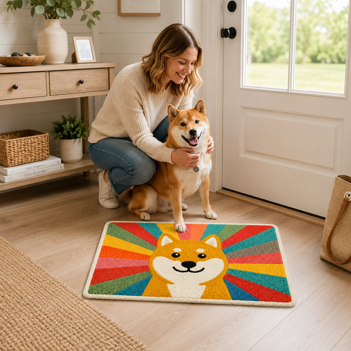 Feblilac Rainbow Shiba Inu tufted bath mat in a sunny bathroom with a potted plant
