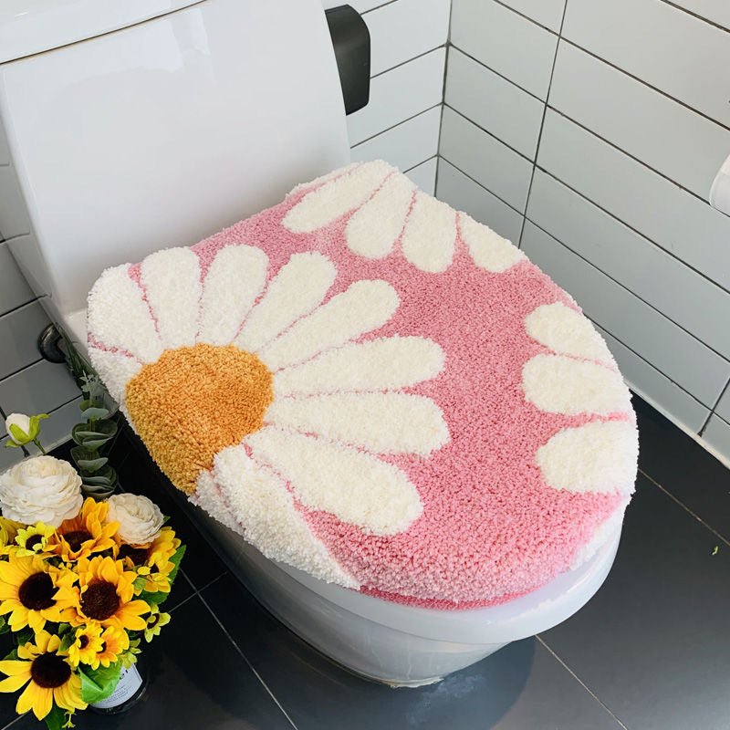 Feblilac Pink Daisy Bath Mat Set, Flower Floral Bathroom Rug Set, Toilet Cover Mat
