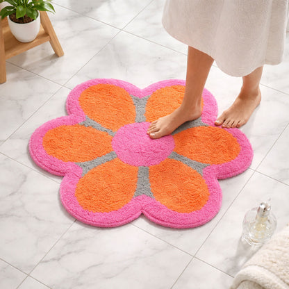 Feblilac Pink & Orange Flower Tufted Bath Mat – Soft Absorbent Non-Slip Rug