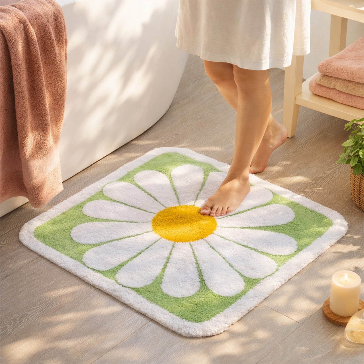 Feblilac Square Daisy Flower Tufted Bath Mat, Green