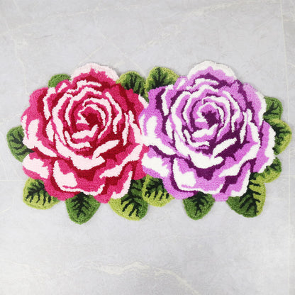 Feblilac Two Flowers tufted bath mat in a sunny bathroom with a potted plant