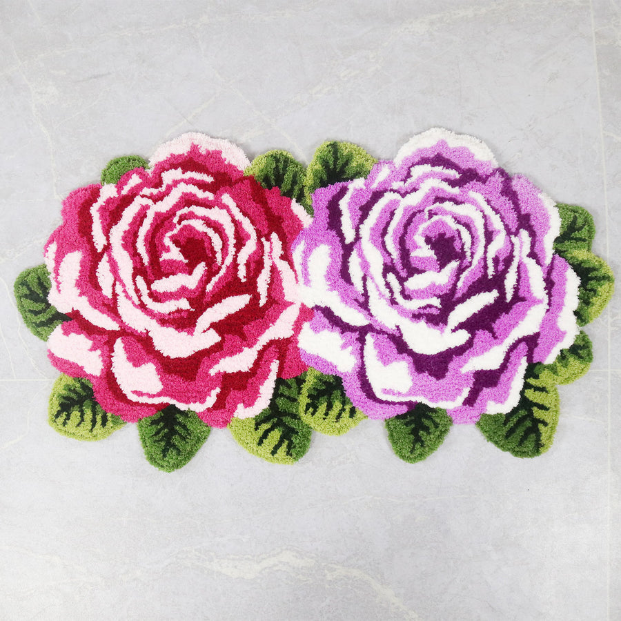 Feblilac Two Flowers tufted bath mat in a sunny bathroom with a potted plant