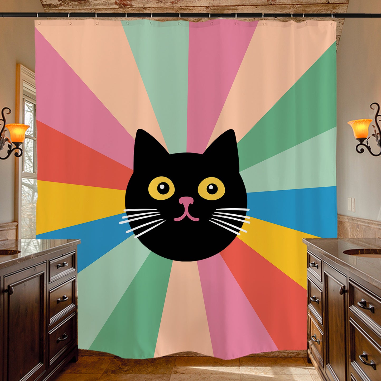 Feblilac Black Cat Colorful Stripes Background Shower Curtain with Hooks