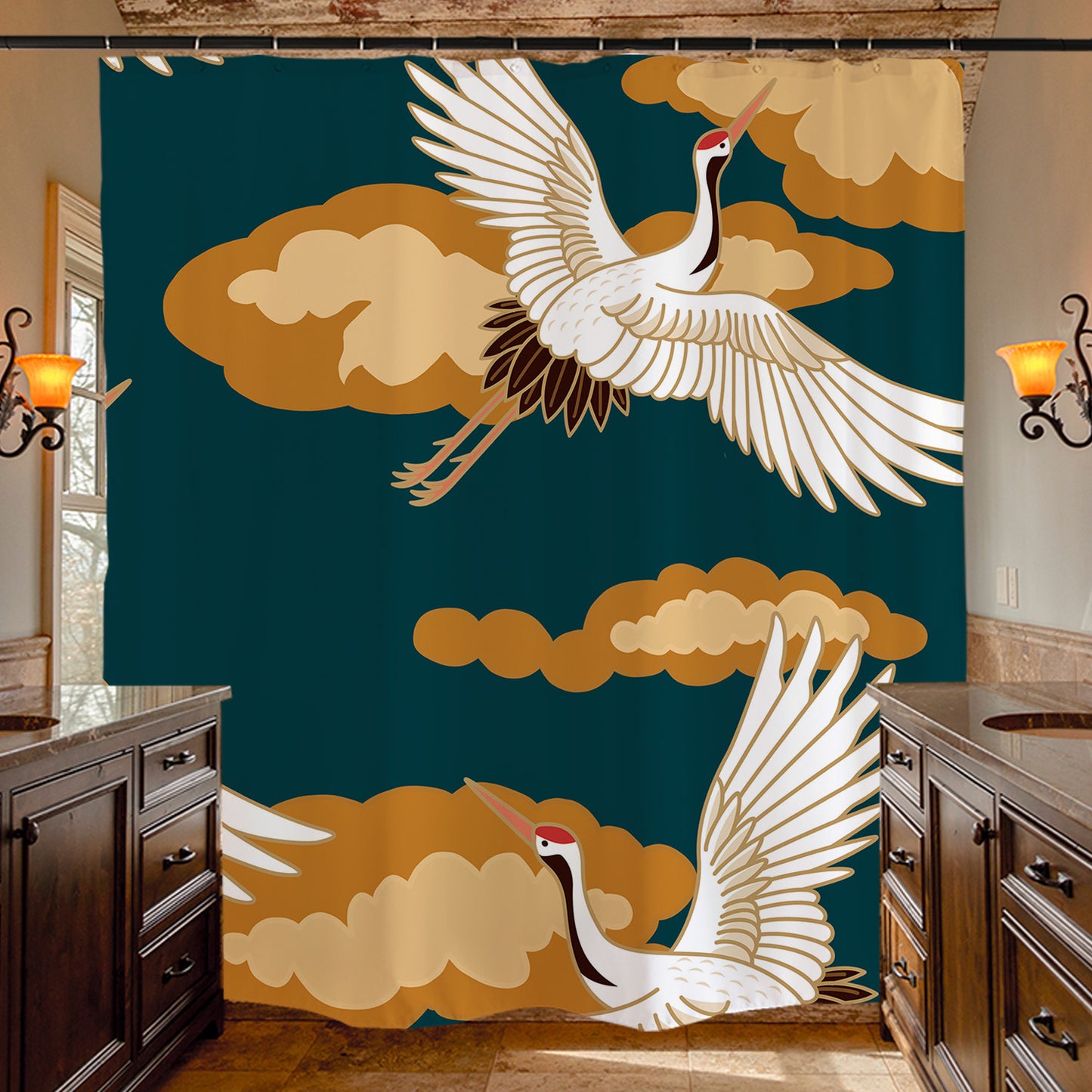 Feblilac Blue Background Crane Shower Curtain with Hooks