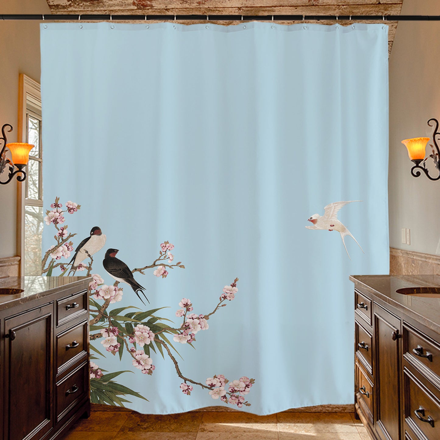 Feblilac Blue Bird Flower Shower Curtain with Hooks