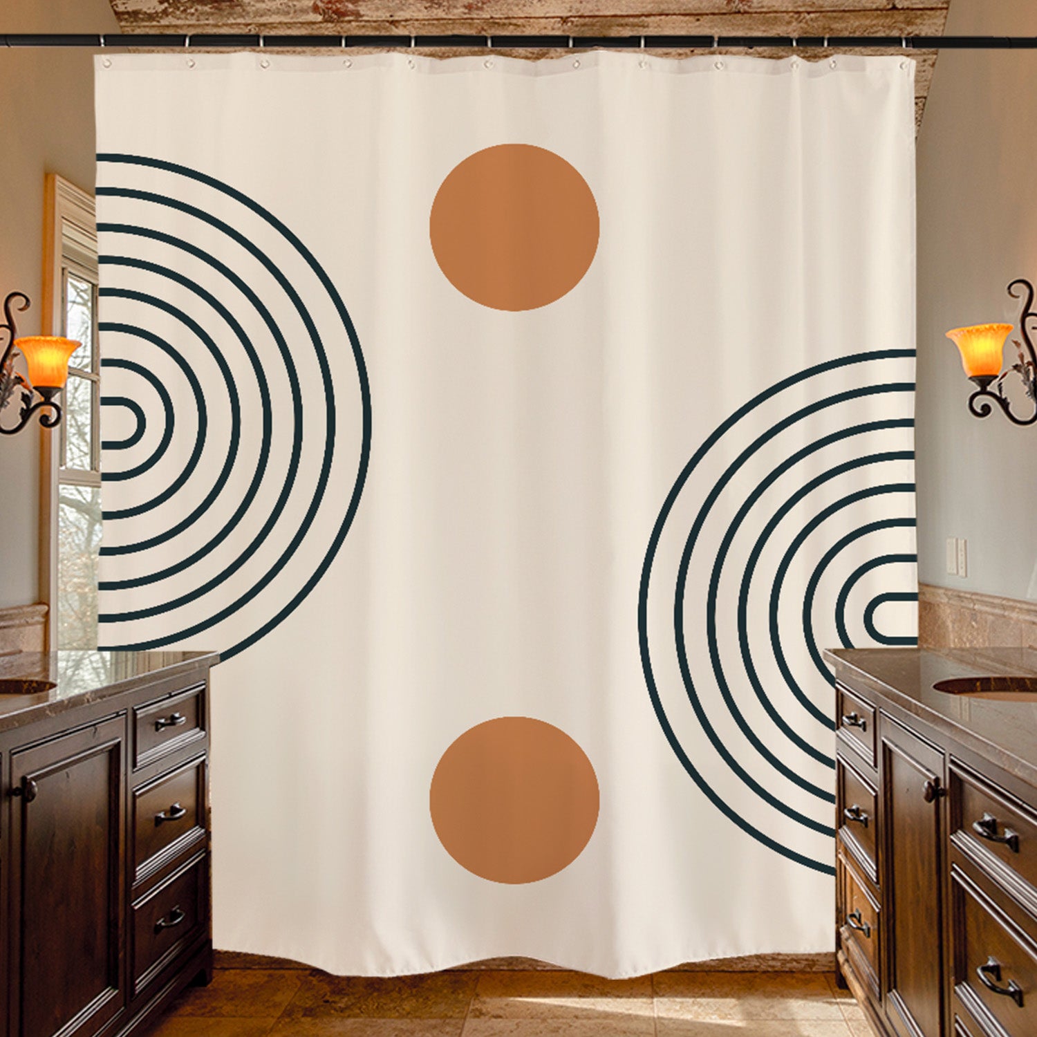 Feblilac Beige Background Semicircle Lines Shower Curtain with Hooks