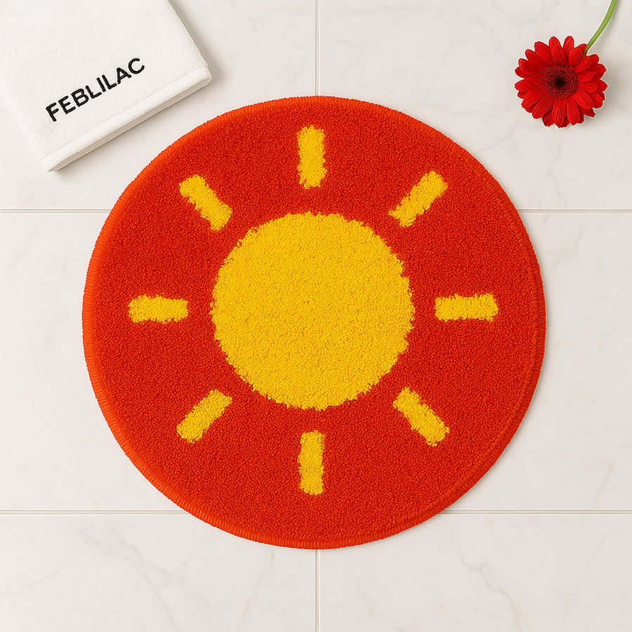 Feblilac Red Background Yellow Sun Tufted Bath Mat - view 4
