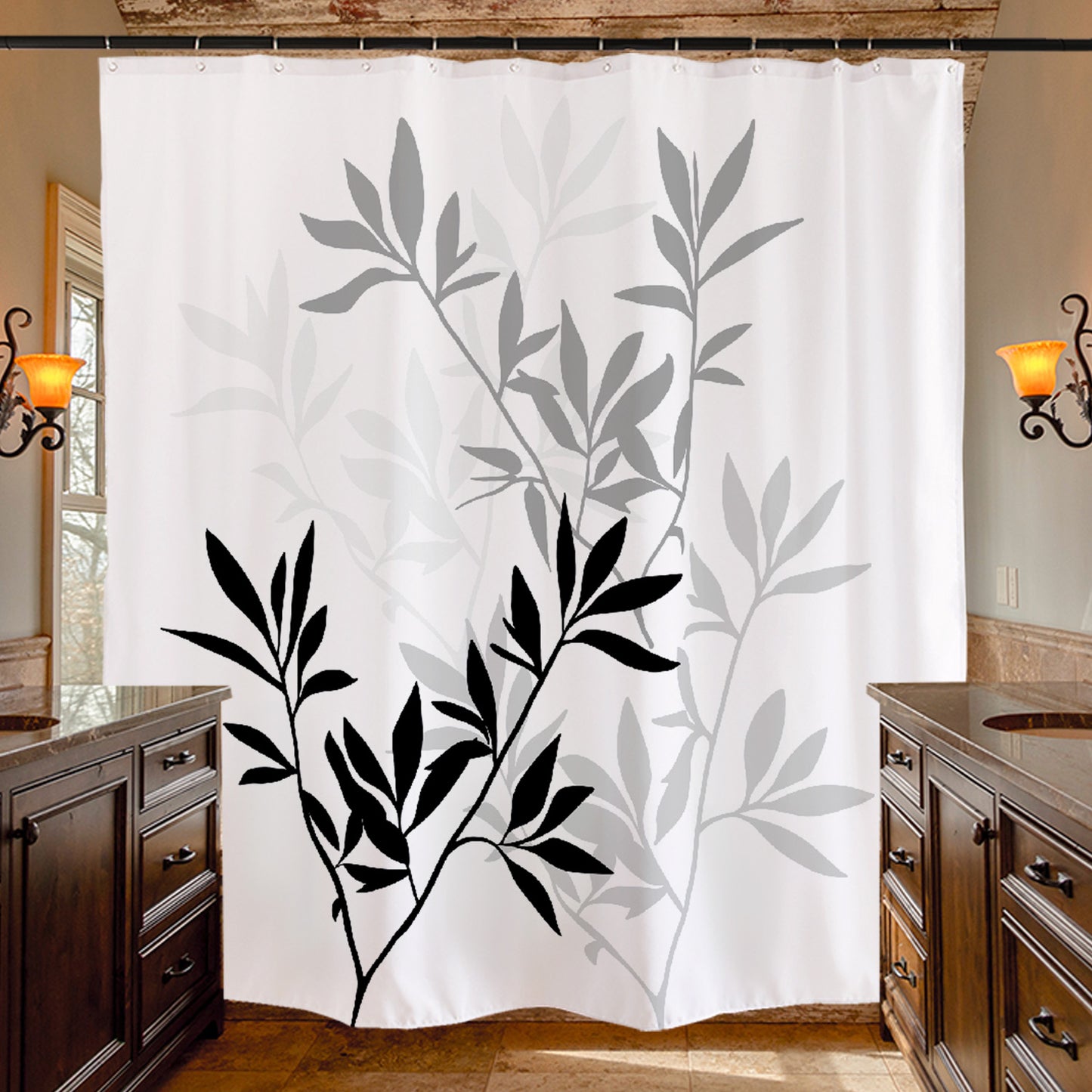 Bamboo Leaves Shower Curtain, Black and White, Green, Blue