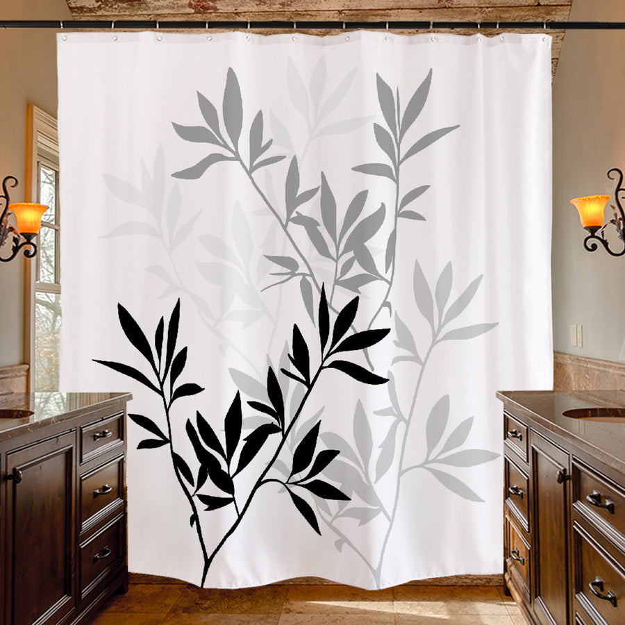 Bamboo Leaves Shower Curtain, Black and White, Green, Blue - view 4