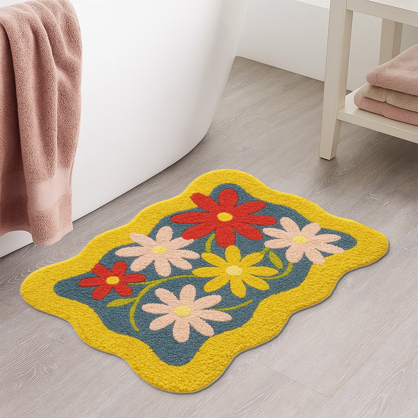 Feblilac Colorful Bloom Tufted Bath Mat – Wavy Edge Floral Design, Bright & Cheerful Bathroom Rug