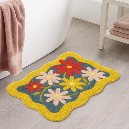 Feblilac Colorful Bloom Tufted Bath Mat – Wavy Edge Floral Design, Bright & Cheerful Bathroom Rug