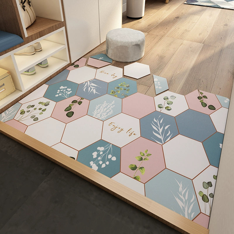 Feblilac Irregular Geometric Hexagon Pink Blue Leaves Pattern PVC Leather Door Mat