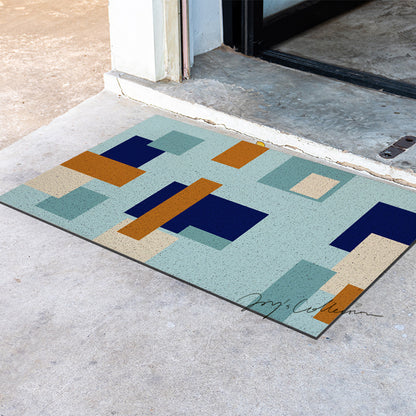 Feblilac Blue and Brown Squares Geometric PVC Coil Door Mat
