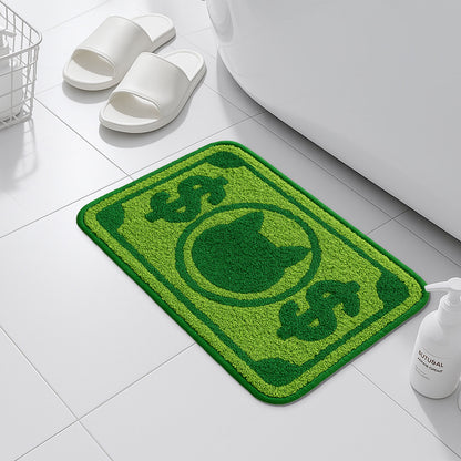 Feblilac Green Cat and Dollar tufted bath mat in a sunny bathroom with a potted plant