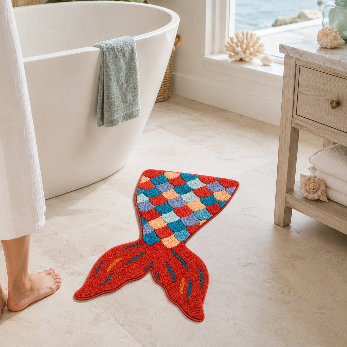 Feblilac Red Mermaid Tail tufted bath mat in a sunny bathroom with a potted plant