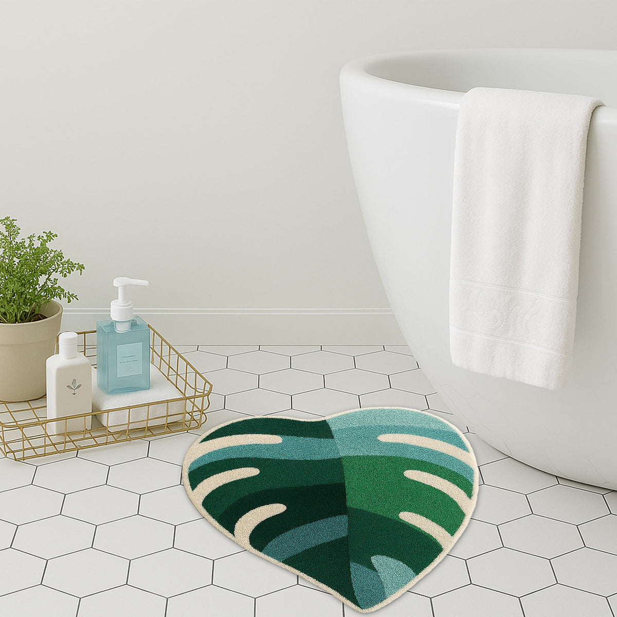 Feblilac Green Leaves with Pink Heart tufted bath mat styled in a cosy bathroom corner