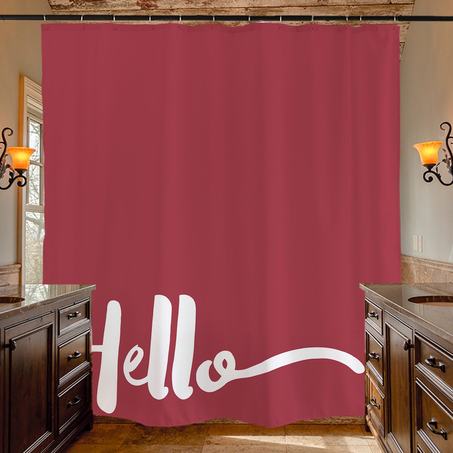 Feblilac Red Background Hello Shower Curtain with Hooks