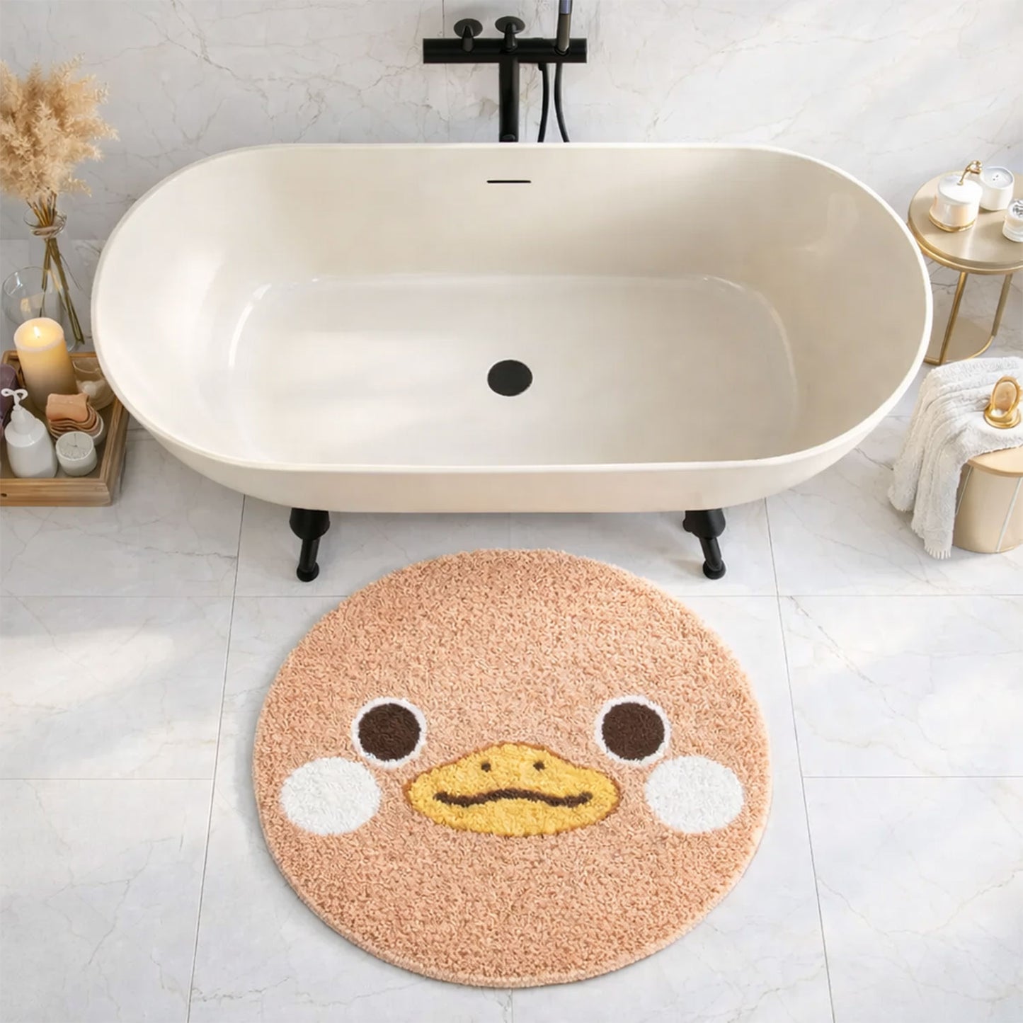 Feblilac Cute Duck Face Round Bath Mat – Soft Plush Kids Bathroom Rug, Non-Slip & Absorbent
