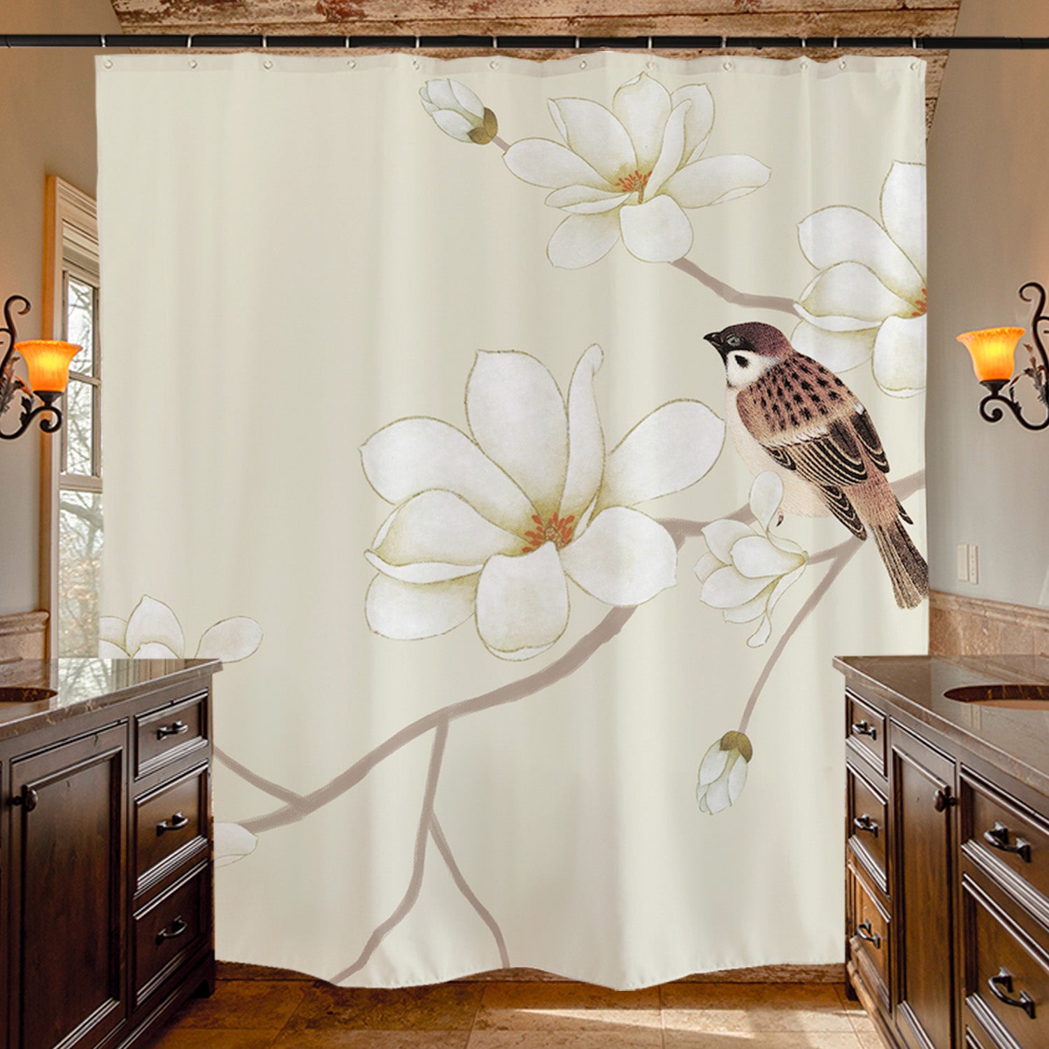 Feblilac Sparrow Magnolia Flower Shower Curtain with Hooks