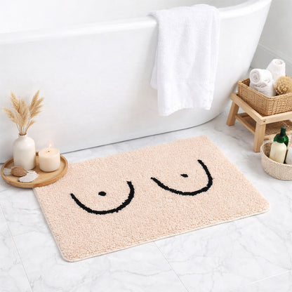 Feblilac Smiley Boobs Bath Mat | Absorbent Non-Slip Bathroom Rug (Cream & Black)