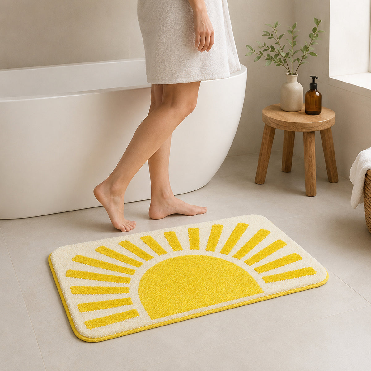 Feblilac Golden Sun tufted bath mat in a sunny bathroom with a potted plant